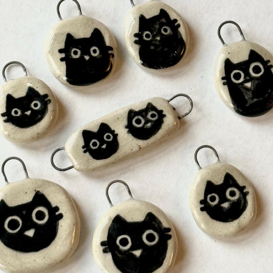 Black Cat White Ceramic Charms | Phone Strap, Necklace, Jewellery