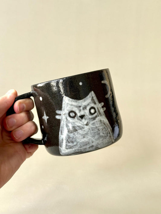 Black Clay Spooky Mountain Cat Handmade Unique Mug