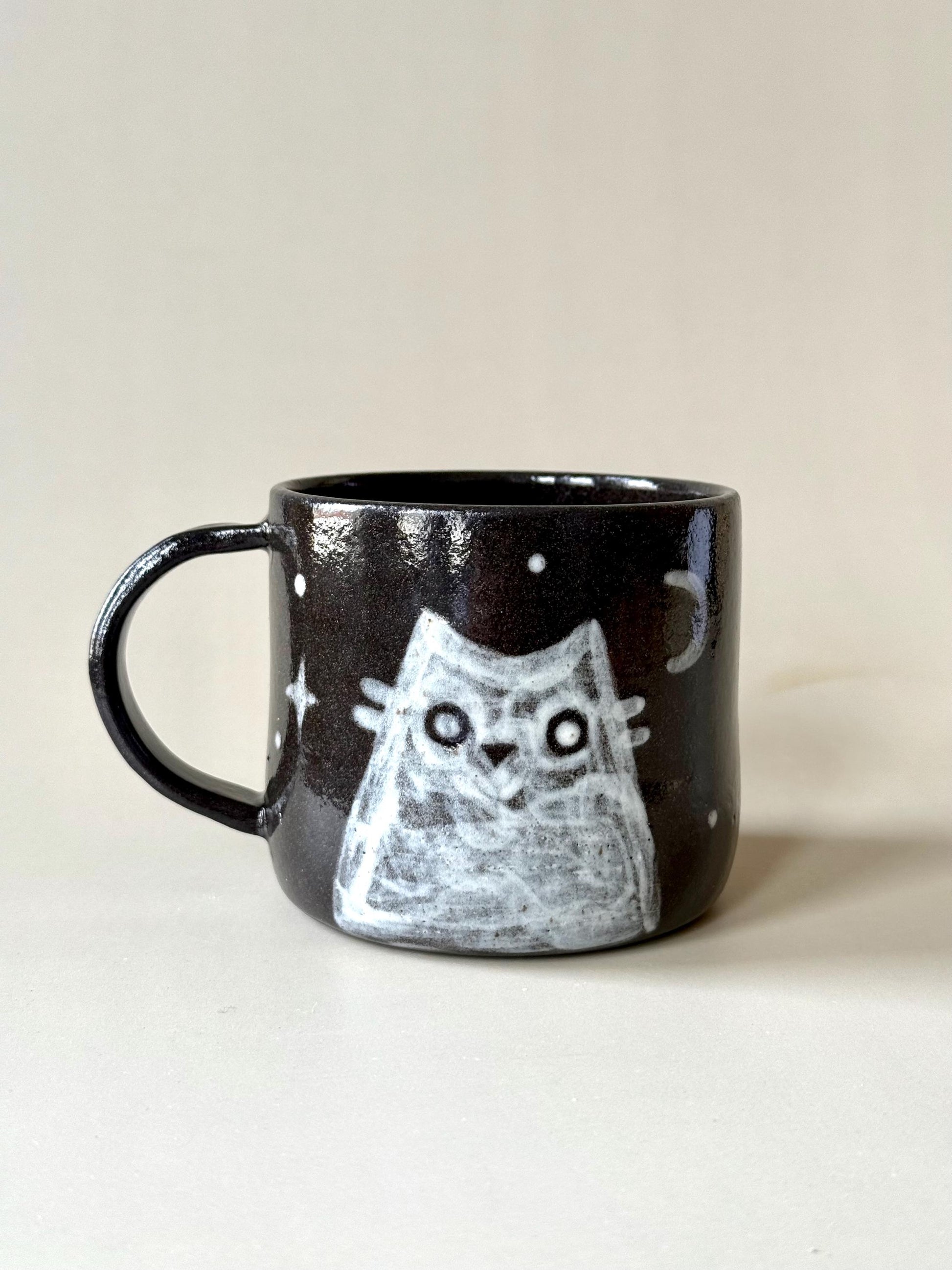 Black Clay Spooky Mountain Cat Handmade Unique Mug