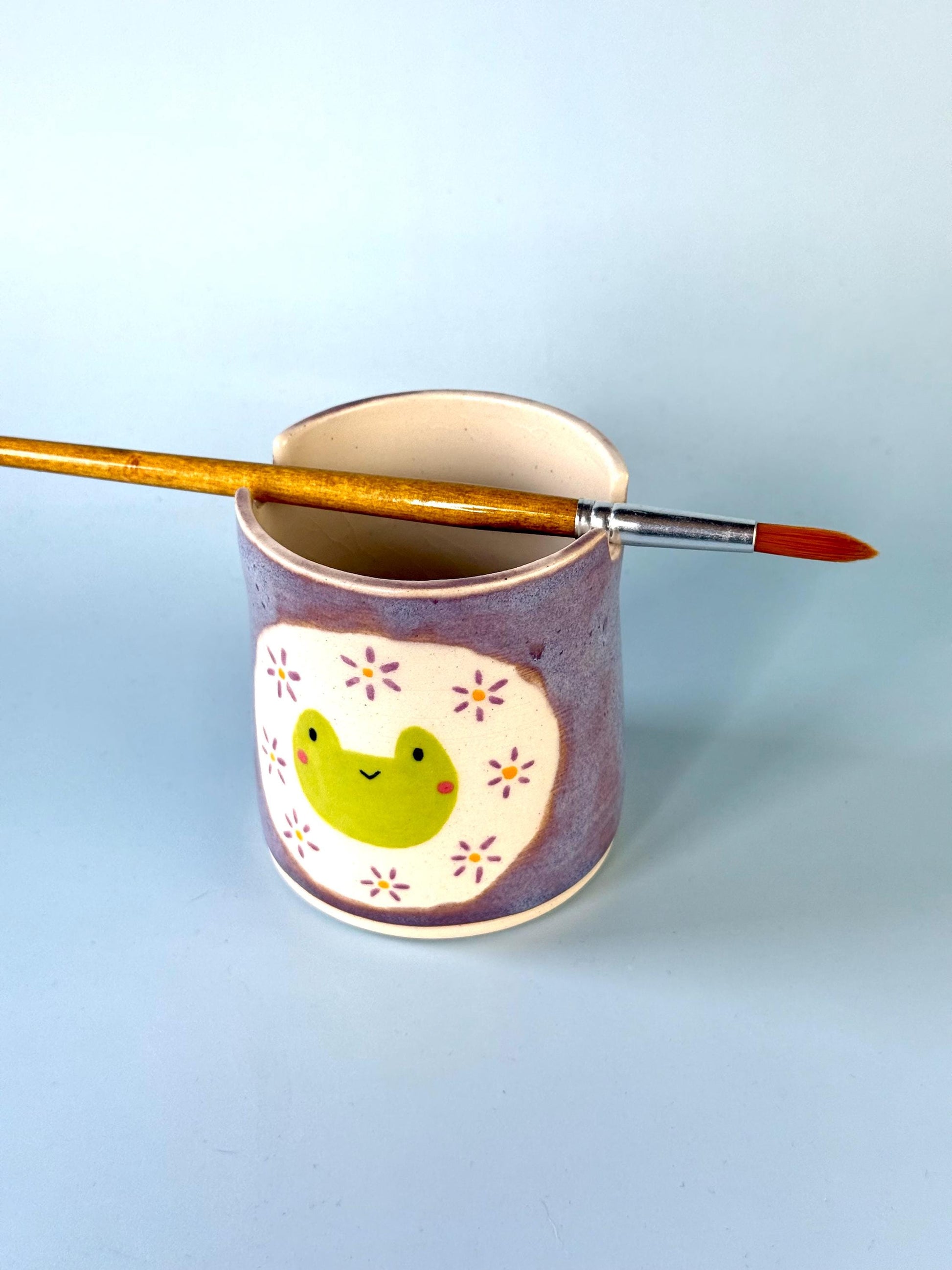 Purple Froggy with Flowers Paintbrush Pot / Paint Water Cup